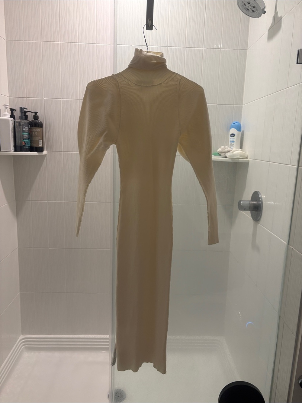Zara Cream Turtleneck Midi Dress with Puff Shoulders